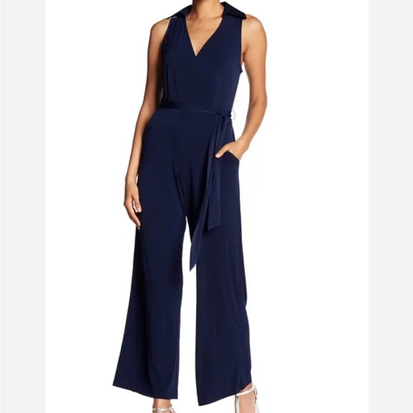 NAVY BLUE SURPLICE BACK JUMPSUIT WIDE LEG + POCKETS TIE BELT SIZE XL NWT - Picture 1 of 12